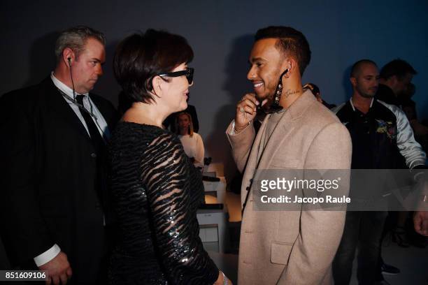 Kris Jenner and Lewis Hamilton attends the Versace show during Milan Fashion Week Spring/Summer 2018 on September 22, 2017 in Milan, Italy.