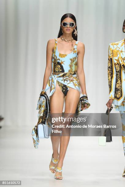 Model walks the runway at the Versace show during Milan Fashion Week Spring/Summer 2018 on September 22, 2017 in Milan, Italy.
