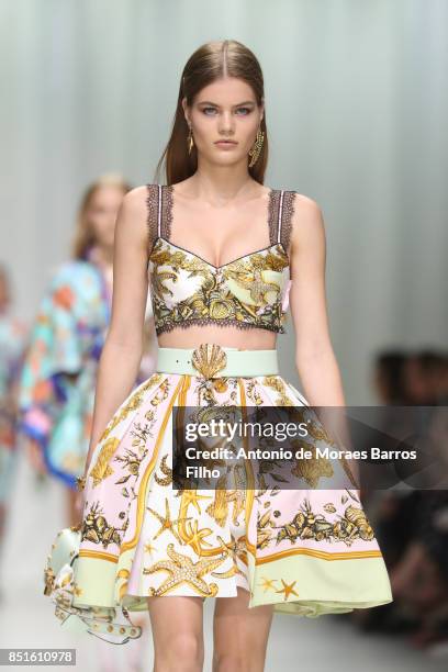 Model walks the runway at the Versace show during Milan Fashion Week Spring/Summer 2018 on September 22, 2017 in Milan, Italy.