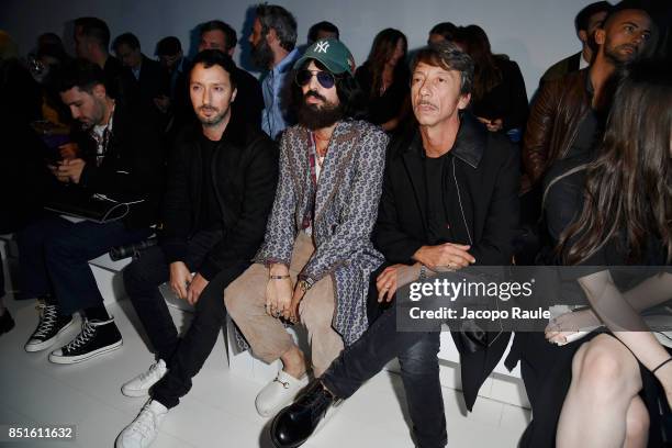 Alessandro Michele and Pierpaolo Piccioli attend the Versace show during Milan Fashion Week Spring/Summer 2018 on September 22, 2017 in Milan, Italy.