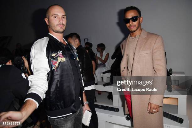 Alessandro Pera and Lewis Hamilton attend the Versace show during Milan Fashion Week Spring/Summer 2018 on September 22, 2017 in Milan, Italy.