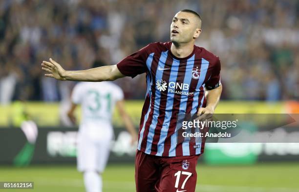 Burak Yilmaz of Trabzonspor celebrates after scoring during the Turkish Super Lig week 6 soccer match between Trabzonspor and Aytemiz Alanyaspor at...