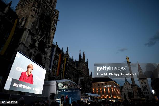 German Chancellor and Christian Democrat Angela Merkel speaks at her last big election campaign rally before German federal elections on September...