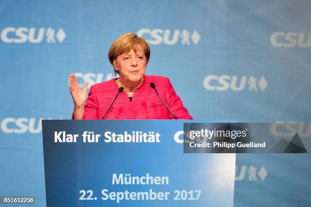 German Chancellor and Christian Democrat Angela Merkel speaks at her last big election campaign rally before German federal elections on September...