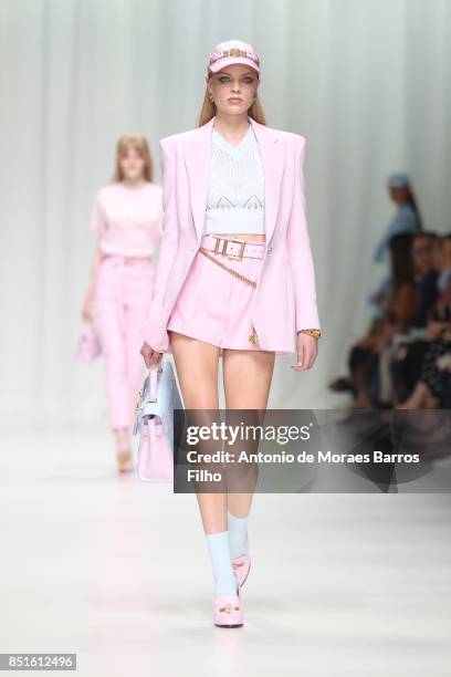 Model walks the runway at the Versace show during Milan Fashion Week Spring/Summer 2018 on September 22, 2017 in Milan, Italy.