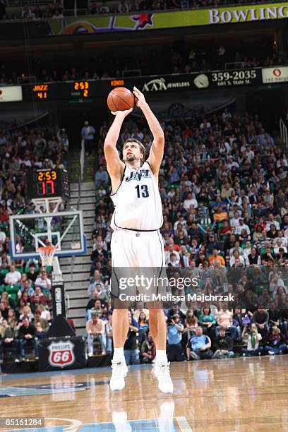 Mehmet Okur of the Utah Jazz goes for the shot against the Sacramento Kings at EnergySolutions Arena on February 28, 2009 in Salt Lake City, Utah....