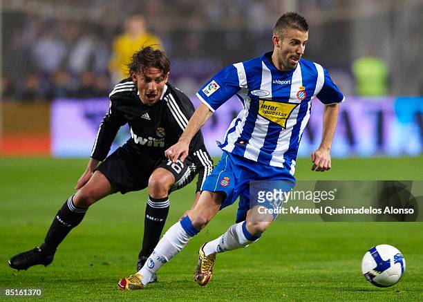Gabi Heinze of Real Madrid competes for the ball with Luis Garcia of Espanyol during the La Liga match between Espanyol and Real Madrid at the...