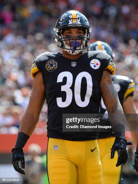 Running back James Conner of the Pittsburgh Steelers walks onto the field in the second quarter of a game on September 10, 2017 against the Cleveland...