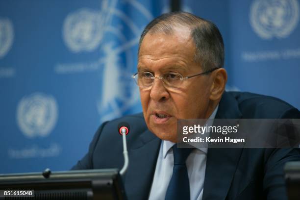 Russian Foreign Minister Sergey V. Lavrov addresses a general press conference at the United Nations on September 22, 2017 in New York, New York.
