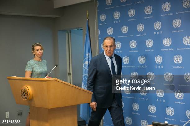 Russian Foreign Minister Sergey V. Lavrov arrives to address a general press conference at the United Nations on September 22, 2017 in New York, New...
