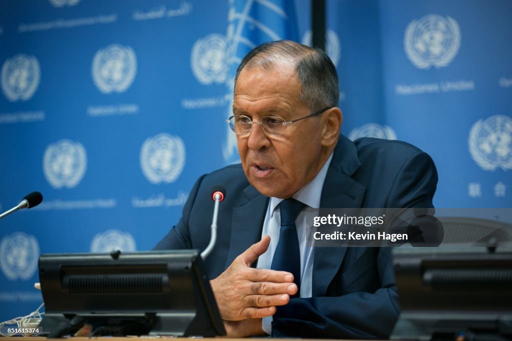 Russian Minister For Foreign Affairs Sergey Lavrov Holds Press Briefing At UN