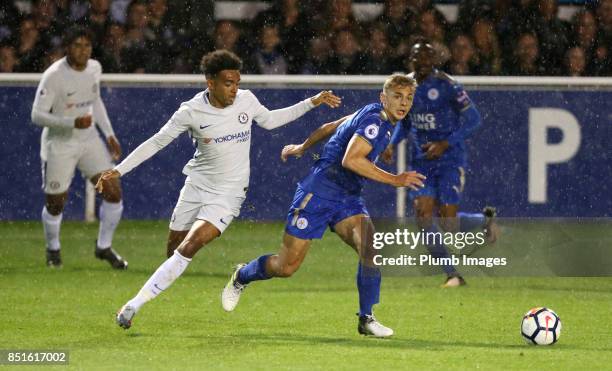 Kiernan Dewsbury-Hall of Leicester City in action with Jacob Maddox of Chelsea during the Premier League 2 match between Leicester City and Chelsea...