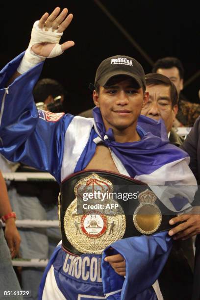 World champion of Strawweight, Nicaraguan Roman Gonzalez celebrates after to win over Mexican Francisco Rosas by unanimous decision on February 28,...