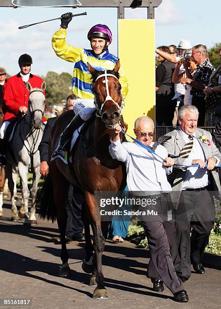 Scott Seamer riding Coniston Bluebird returns to scale after winning the Telecom New Zealand Derby during the 2009 Derby Day meeting at Ellerslie...