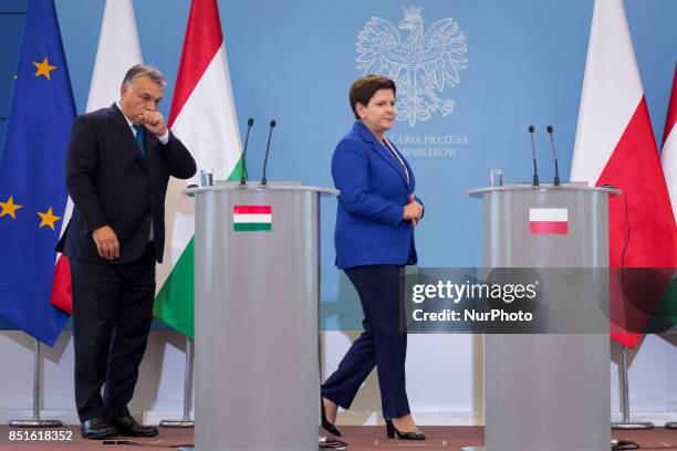 Prime Minister of Hungary Viktor Orban and Prime Minister of Poland Beata Szydlo during the press conference after their meeting at Chancellery of...