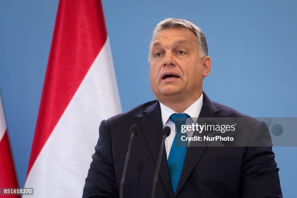 Prime Minister of Hungary Viktor Orban during the press conference after meeting with Prime Minister of Poland Beata Szydlo at Chancellery of the...