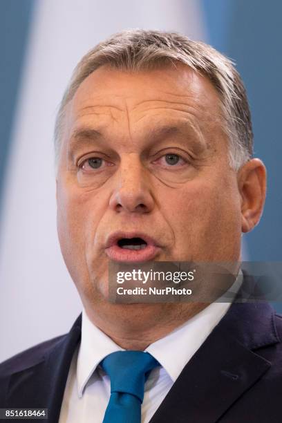 Prime Minister of Hungary Viktor Orban during the press conference after meeting with Prime Minister of Poland Beata Szydlo at Chancellery of the...