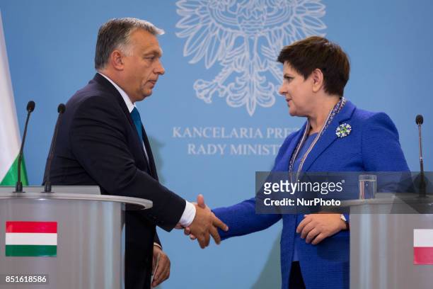 Prime Minister of Hungary Viktor Orban and Prime Minister of Poland Beata Szydlo during the press conference after their meeting at Chancellery of...
