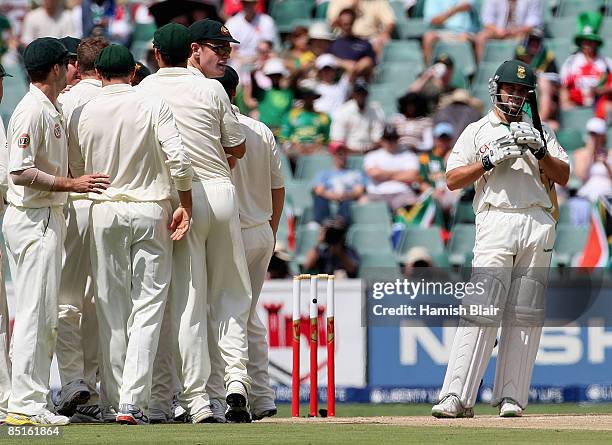 Neil McKenzie of South Africa ask for a video review after being given out LBW to the bowling of Peter Siddle of Australia during day three of the...