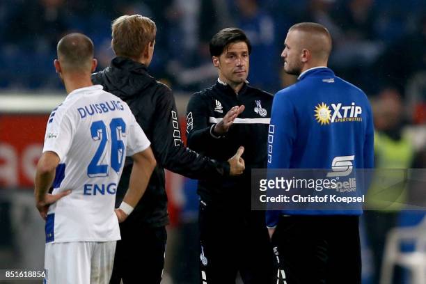 Head coach Ilia Gruev of Duisburg looks dejected after the Second Bundesliga match between MSV Duisburg and Holstein Kiel at...