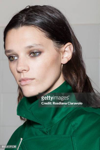 Model Leila Goldkuhl is seen ahead of the backstage Sportmax show during Milan Fashion Week Spring/Summer 2018 on September 22, 2017 in Milan, Italy.