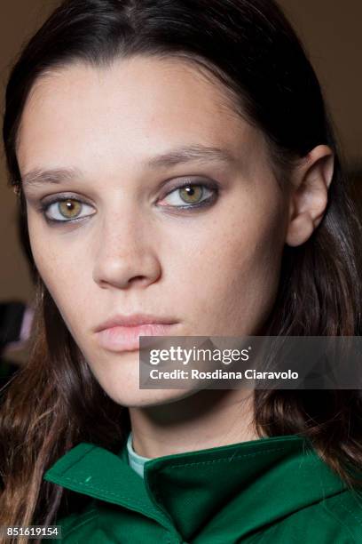 Model Leila Goldkuhl is seen ahead of the backstage Sportmax show during Milan Fashion Week Spring/Summer 2018 on September 22, 2017 in Milan, Italy.