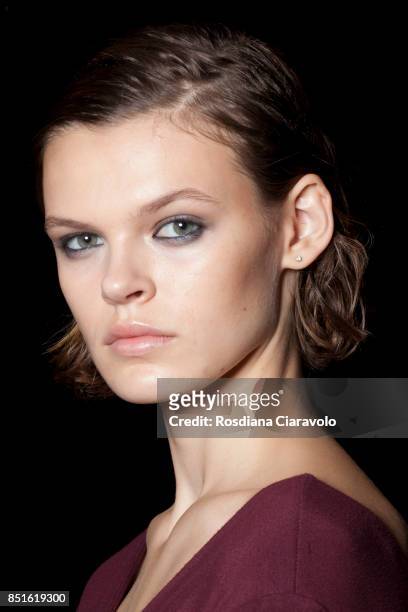 Model Cara Taylor is seen ahead of the backstage Sportmax show during Milan Fashion Week Spring/Summer 2018 on September 22, 2017 in Milan, Italy.