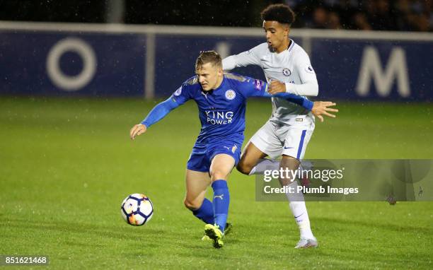 George Thomas of Leicester City in action with Jacob Maddox of Chelsea during the Premier League 2 match between Leicester City and Chelsea at Holmes...