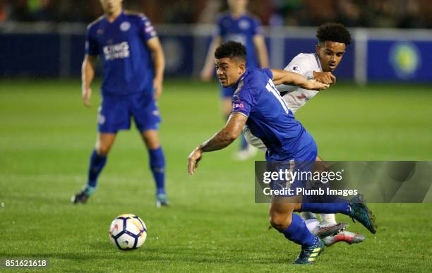 Josh Gordon of Leicester City in action with Jacob Maddox of Chelsea during the Premier League 2 match between Leicester City and Chelsea at Holmes...