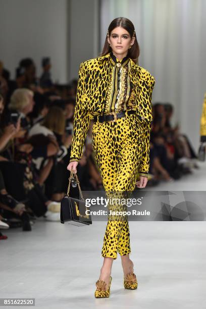 Kaia Gerber walks the runway at the Versace show during Milan Fashion Week Spring/Summer 2018 on September 22, 2017 in Milan, Italy.