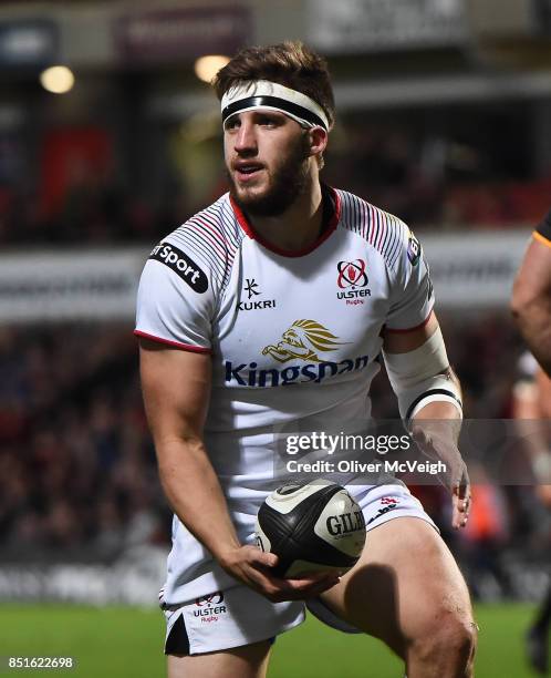 Belfast, United Kingdom - 22 September 2017; Stuart McCloskey of Ulster celebrates after scoring his side's first try during the Guinness PRO14 Round...