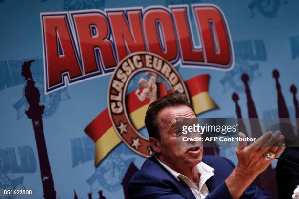 Actor and former governor of California Arnold Schwarzenegger speaks during a press conference ahead of the fitness and bodybuilding Arnold Classic...