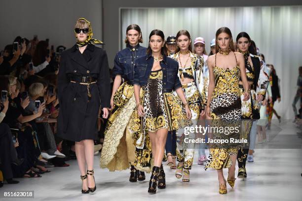 Bella Hadid walks the runway at the Versace show during Milan Fashion Week Spring/Summer 2018 on September 22, 2017 in Milan, Italy.