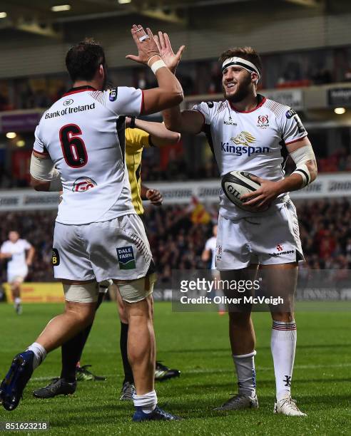 Belfast, United Kingdom - 22 September 2017; Stuart McCloskey of Ulster celebrates with Clive Ross of Ulster after scoring his side's first try...