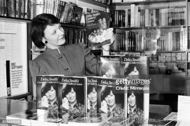 Delia Smith at a BBC Book Shop in Marylebone High Street, London with some of her latest books, 27th November 1984.