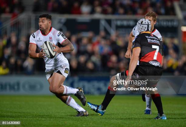 Belfast, United Kingdom - 22 September 2017; Charles Piutau of Ulster side steps Ollie Griffiths of Dragons during the Guinness PRO14 Round 4 match...