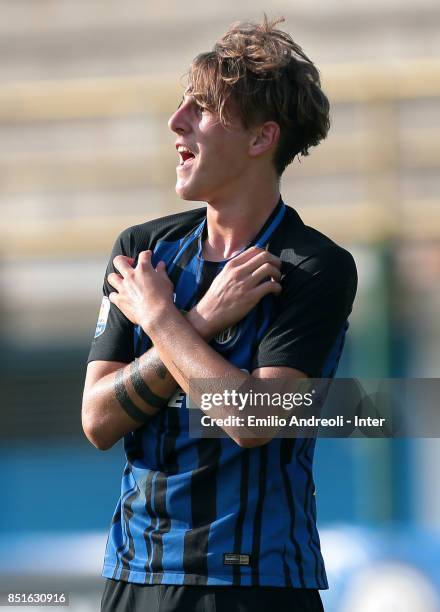 Nicolo Zaniolo of FC Internazionale Milano celebrates his goal during the Serie A Primavera match between FC Internazionale U19 and Chievo Verona U19...