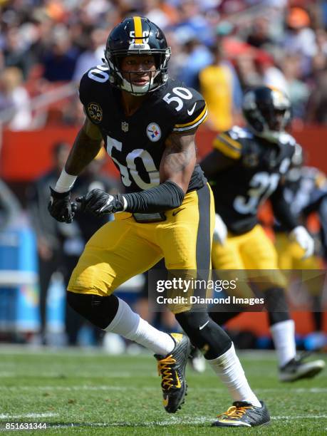 Linebacker Ryan Shazier of the Pittsburgh Steelers drops into pass coverage in the second quarter of a game on September 10, 2017 against the...