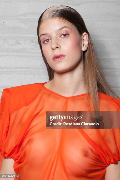 Model is seen backstage ahead of the Alberto Zambelli show during Milan Fashion Week Spring/Summer 2018 on September 20, 2017 in Milan, Italy.