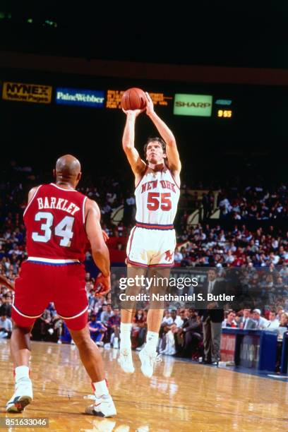 Kiki Vandeweghe of the New York Knicks shoots against the Philadelphia 76ers during a game played circa 1991 at Madison Square Garden in New York...