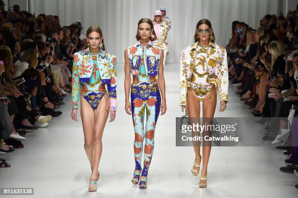 Models walk the runway at the Versace Spring Summer 2018 fashion show during Milan Fashion Week on September 22, 2017 in Milan, Italy.
