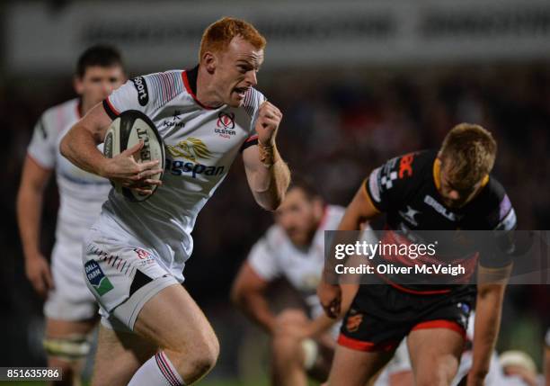 Belfast, United Kingdom - 22 September 2017; Peter Nelson of Ulster racing through to score his side's second try during the Guinness PRO14 Round 4...