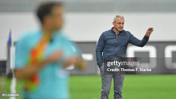 Head coach Pavel Dotchev of Rostock reacts during the 3. Liga match between SC Paderborn 07 and F.C. Hansa Rostock at Benteler Arena on September 22,...