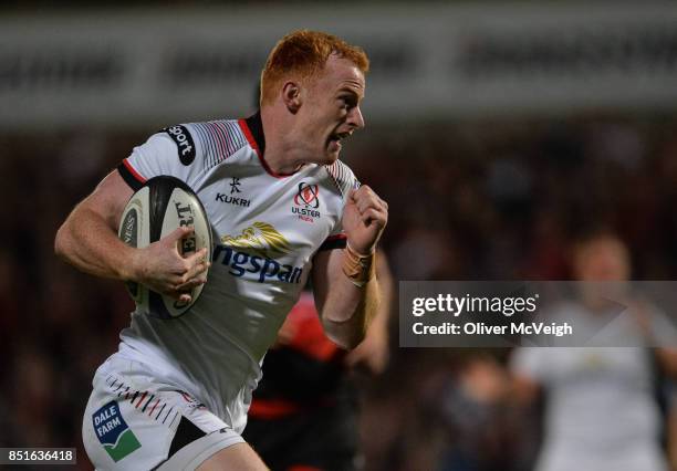Belfast, United Kingdom - 22 September 2017; Peter Nelson of Ulster racing through to score his side's second try during the Guinness PRO14 Round 4...