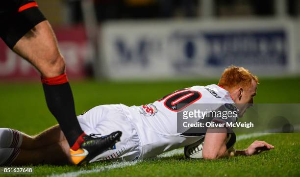 Belfast, United Kingdom - 22 September 2017; Peter Nelson of Ulster scores his sides second try during the Guinness PRO14 Round 4 match between...