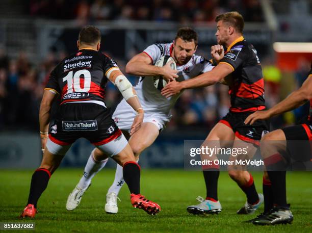 Belfast, United Kingdom - 22 September 2017; Tommy Bowe of Ulster is tackled by Pat Howard of Dragons during the Guinness PRO14 Round 4 match between...