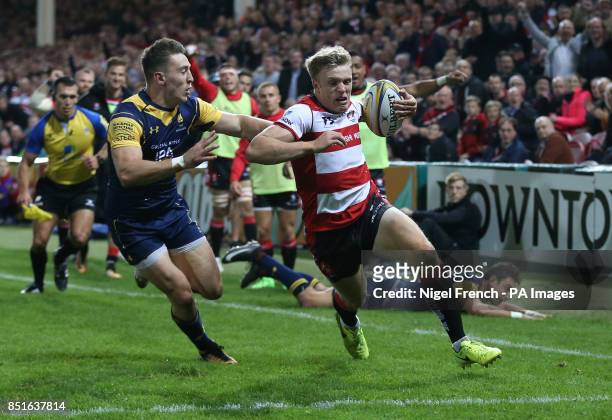 Gloucester's Ollie Thorley scores his sides second try of the game during the Aviva Premiership match at the Kingsholm Stadium, Gloucester.