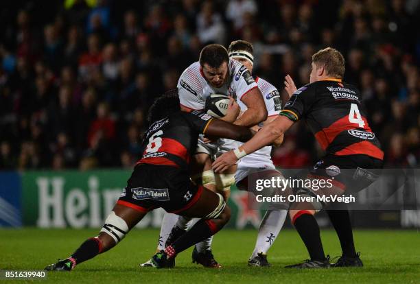 Belfast, United Kingdom - 22 September 2017; Alan O'Connor of Ulster is tackled by Max Williams and Matthew Screech of Dragons during the Guinness...