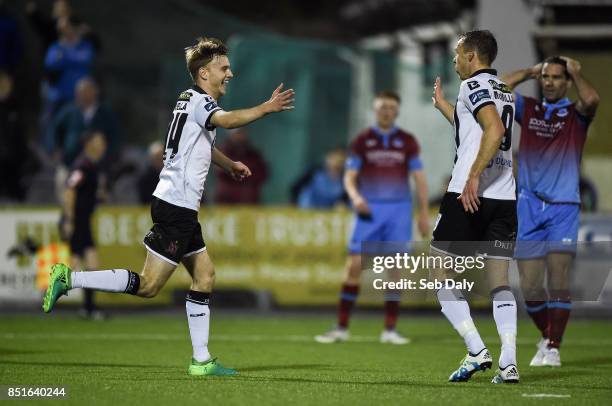 Louth , Ireland - 22 September 2017; Steven Kinsella, left, of Dundalk celebrates with teammate David McMillan after scoring his side's first goal of...