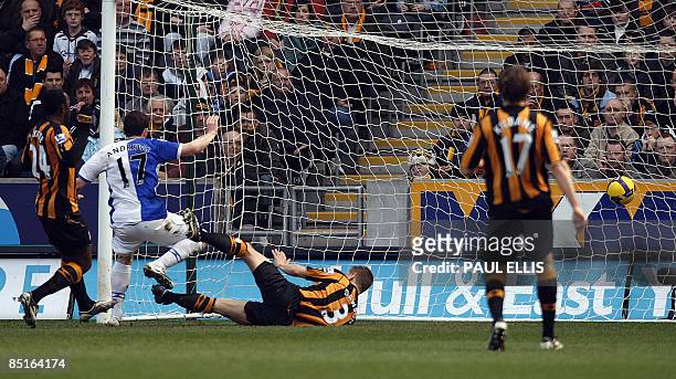 Blackburn Rovers' Keith Andrews scores against Hull City during their English Premier League football match at The Kingston Communications Stadium in...